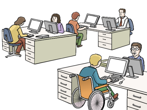 Personen sitzen in einem Büro an Arbeitsplätzen mit Computern