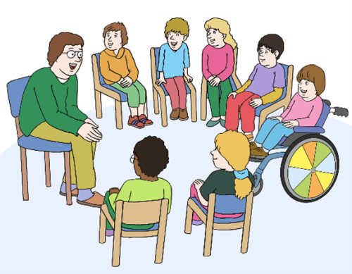 Eine Gruppe von 7 Kindern und einem Erzieher in einem Sitzkreis
