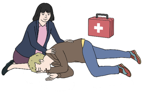 Eine Person leistet bei einer verletzten Person, die auf dem Boden liegt, Erste-Hilfe