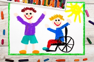 Inklusive Kitas als Gewinn für alle gemaltes Kinderbild zeigt stehendes Kind und Kind in Rollstuhl