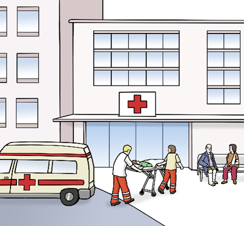 Grafik der folgenden Situation: Ein Patient wird auf einer Trage von 2 Sanitätern vom Krankenwagen ins Krankenhaus geschoben. 