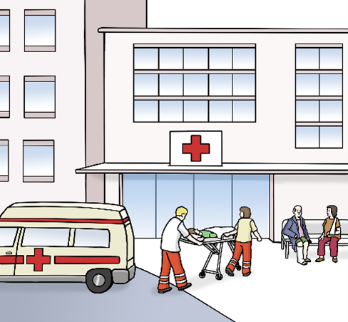 Behandlung im Krankenhaus Grafik der folgenden Situation: Ein Patient wird auf einer Trage von 2 Sanitätern vom Krankenwagen ins Krankenhaus geschoben.