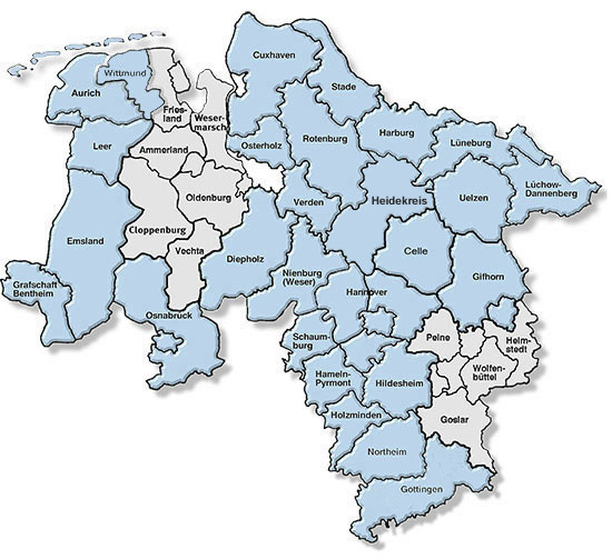 Niedersachsenkarte Zuständigkeitsbereiche des GUVH